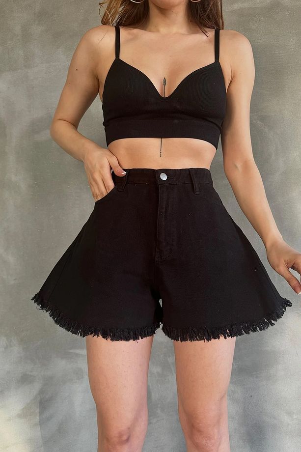 Trend Kar Yıkama Püsküllü Kot Denim Şort - 1