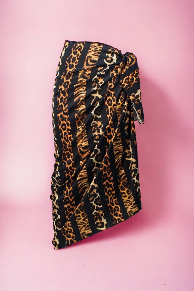 Black Thick Striped Leopard Print Long Pareo Satin Women's Beach Dress New Season