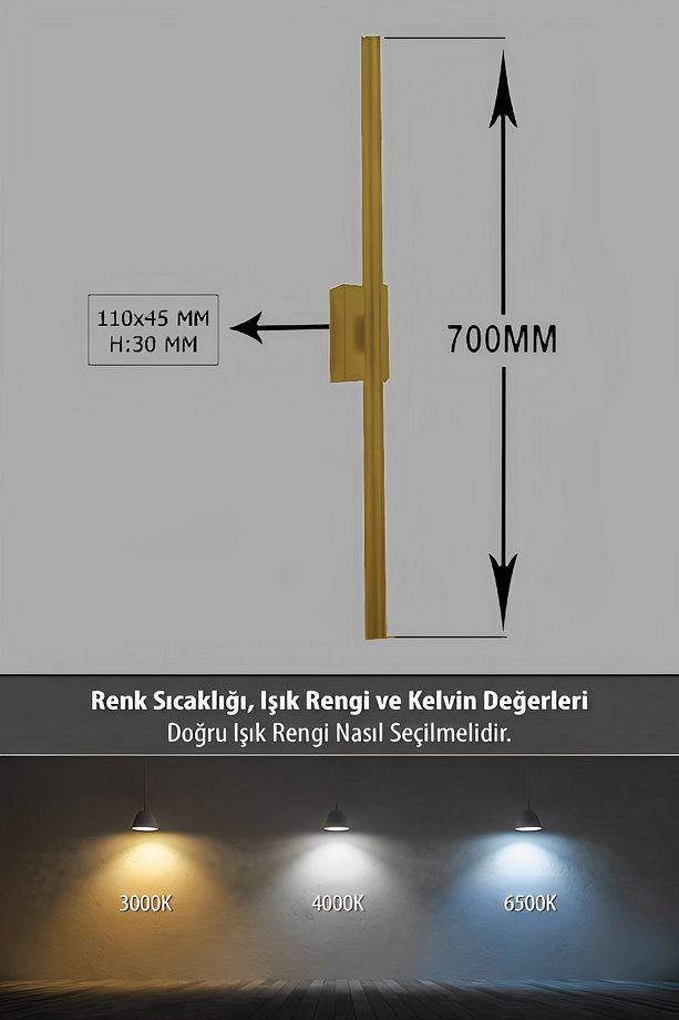 Modern Dekoratif Çubuk Led Duvar Aplik 70 Cm Bronz Profil (dikdörtgen Rozanslı) 3000k Sarı Işık - 5