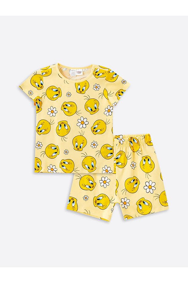 LCW baby Bisiklet Yaka Tweety Baskılı Kız Bebek Şortlu Pijama Takımı - 1