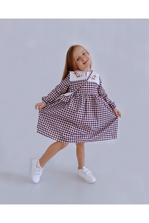 Girl's Flower Embroidered Purple Dress with Bag