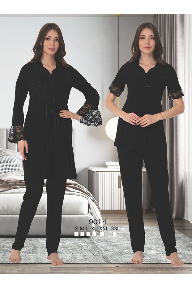 Women's Black Lace Short Sleeve Cotton Maternity Maternity Dressing Gown Pajama Set
