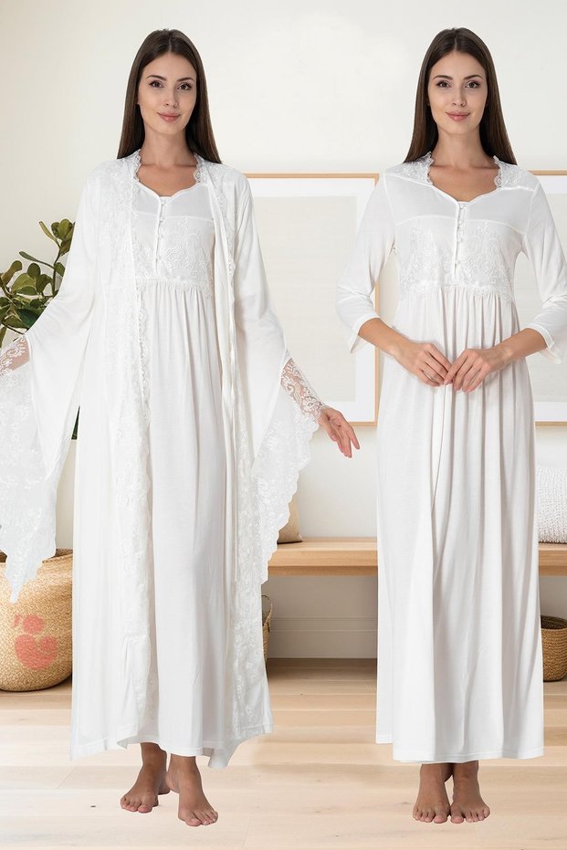 Women's Ecru Design Princess Sleeves Lace Cotton Maternity Pajamas Nightgown Set