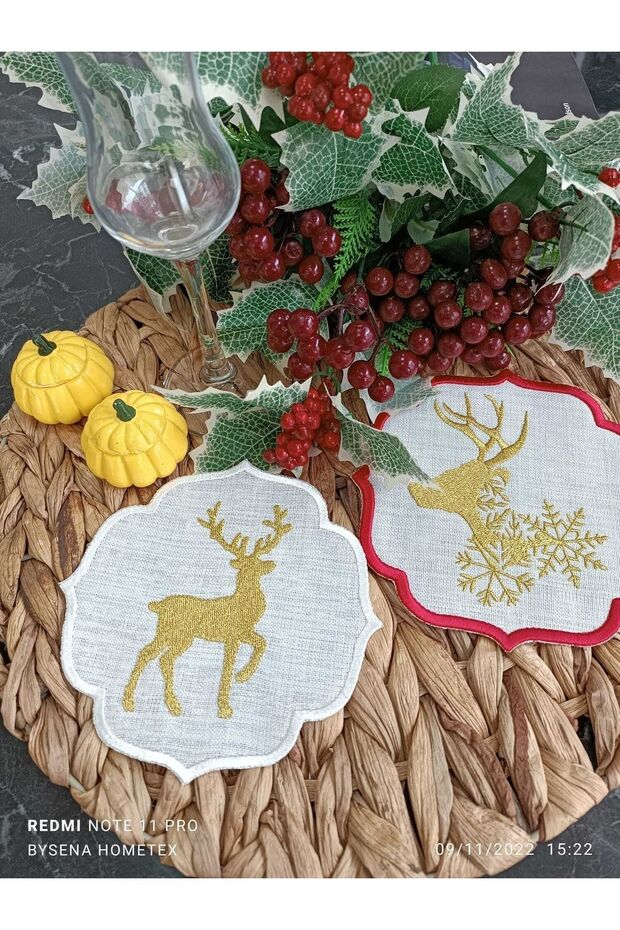 Deer Kokteyl Ve Kahve Yanı Sunum Peçetesi 2 Adet Yılbaşı Temalı Gold Geyik Işlemeli - 7