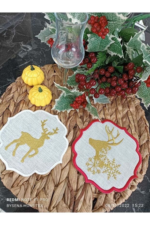 Deer Kokteyl Ve Kahve Yanı Sunum Peçetesi 2 Adet Yılbaşı Temalı Gold Geyik Işlemeli - 6
