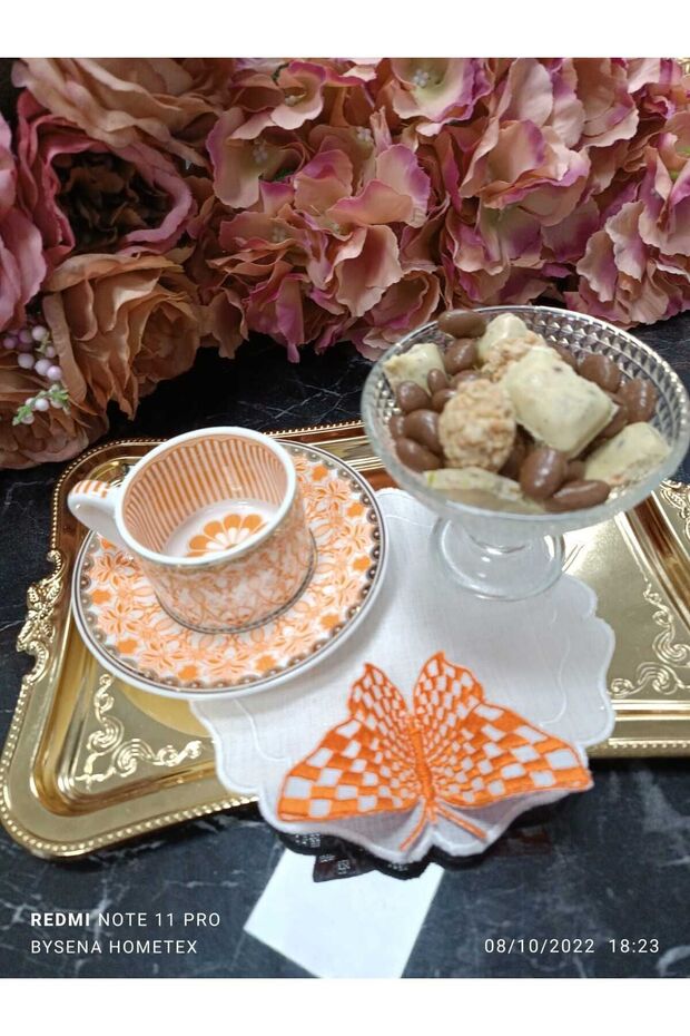 kelebek detay turuncu kokteyl peçetesi ve sunum peçetesi 1 adet - 5