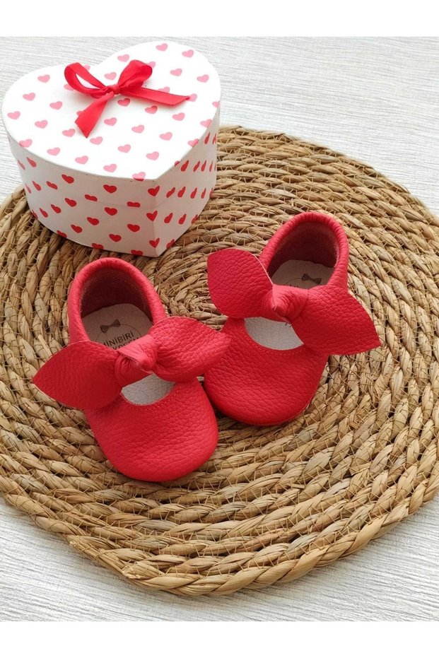 Angel Model Baby Girl Red Genuine Leather Moccasin Booties First Step Shoes