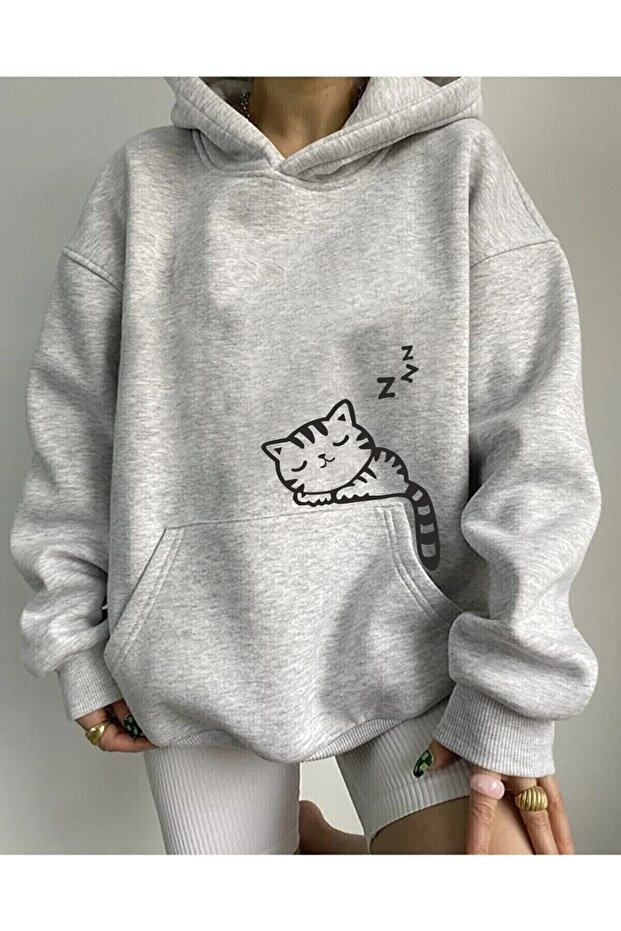 Uyuyan Kedi Baskılı Kapüşonlu Kanguru Cep Oversize Sweatshirt - 1