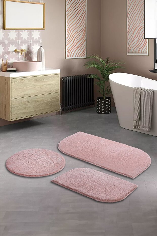 Pink Fluffy Bathroom Set 3-Piece Decorative Plush Non-Slip Base Washable(60X100-40X60-60X60)