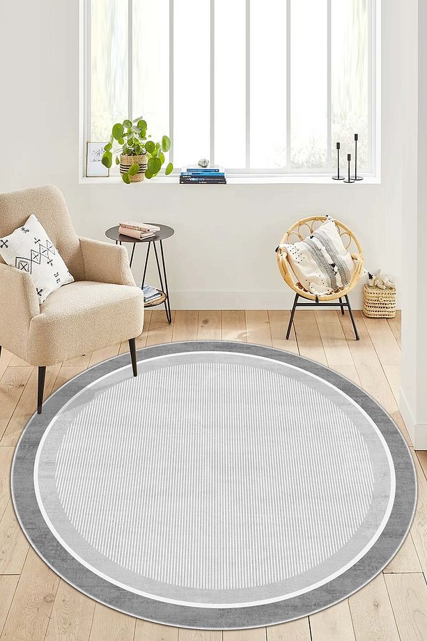 Makinede Yıkanabilir Kaymaz Taban Leke Tutmaz Yuvarlak Gri Mutfak Halısı Salon Halısı ve Yolluk - 1