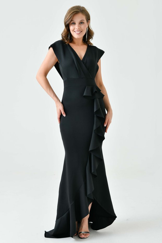 Flexible Diver Fabric Double Breasted Neckline Flounce Detailed Maxi Length Black Evening Dress 582443