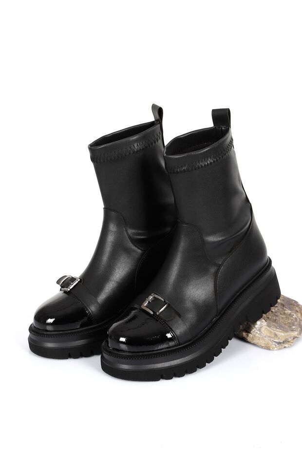 Black Patent Leather Round Toe Women's Stretch Daily Boots 35859