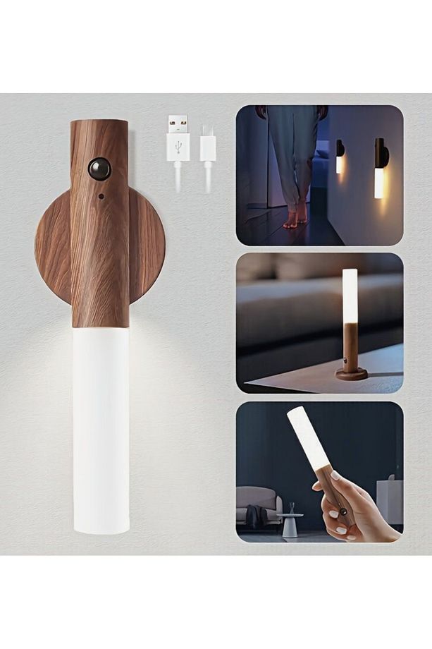 Modern Sensörlü Usb Şarjlı Mıknatıslı Taşınabilir Duvar Aplik Masa Lambası Ahşap Görünümlü Gün Işığı - 1