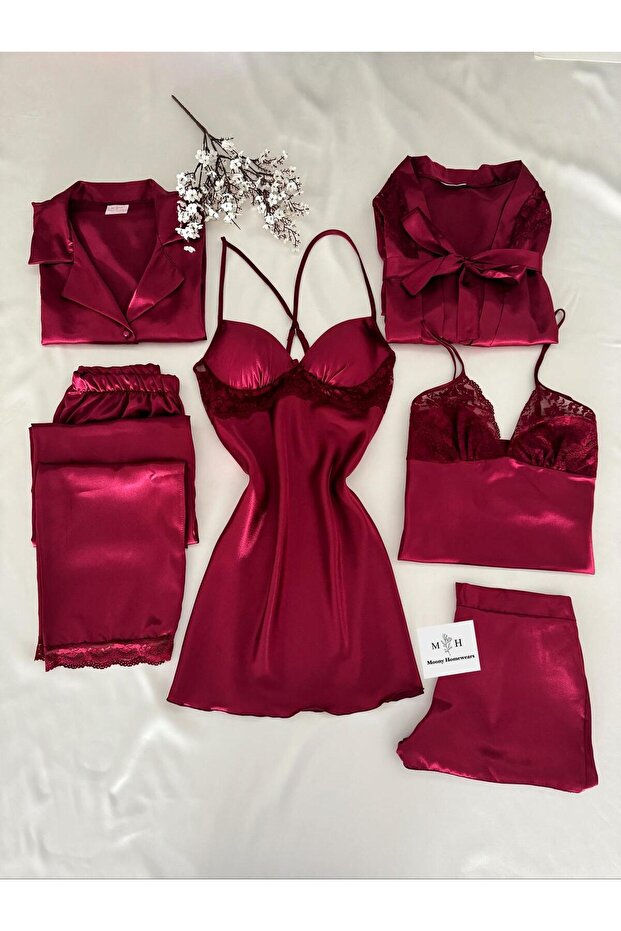 Soso Boxed Six-Piece Satin Dressing Gown Covered Nightgown Pajama Dowry Set