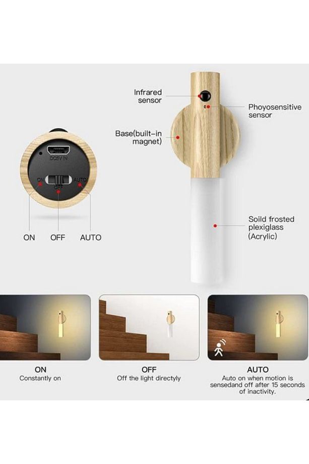 Modern Sensörlü Usb Şarjlı Mıknatıslı Taşınabilir Duvar Aplik Masa Lambası Ahşap Görünümlü Gün Işığı - 3