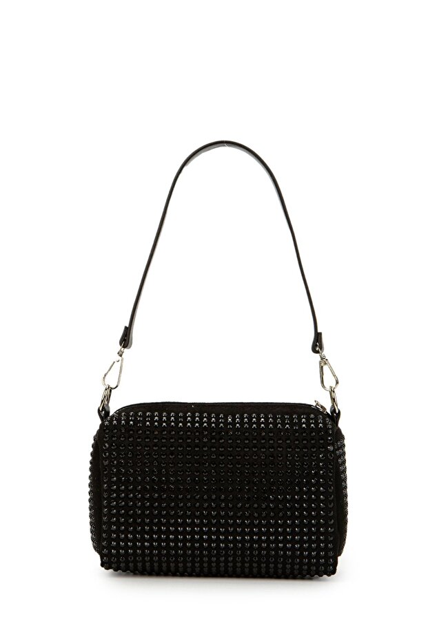 Long Strap Stone Detailed Shine Women's Crossbody Bag Black