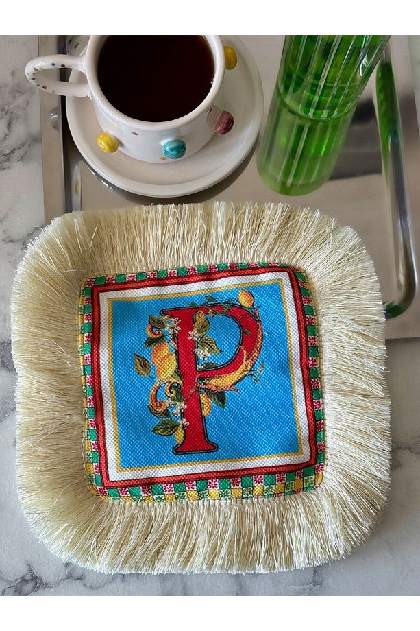 Kahve Yanı Sunum Peçetesi P Harf Desenli Peçete Püsküllü Kokteyl Peçetesi - 1