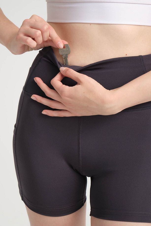 Kadın Çift Cepli Yüksek Bel Spor Şort Antrasit Yoga Şort Tayt - 8