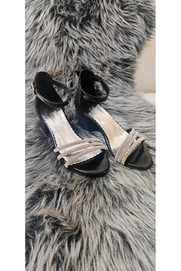 Black Glitter Three Stone Girls' Heeled Shoes