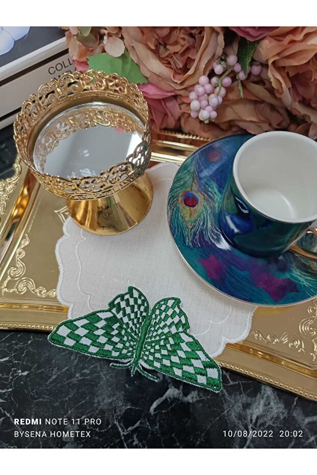 kelebek detay yeşil kokteyl peçetesi ve sunum peçetesi 1 adet - 3