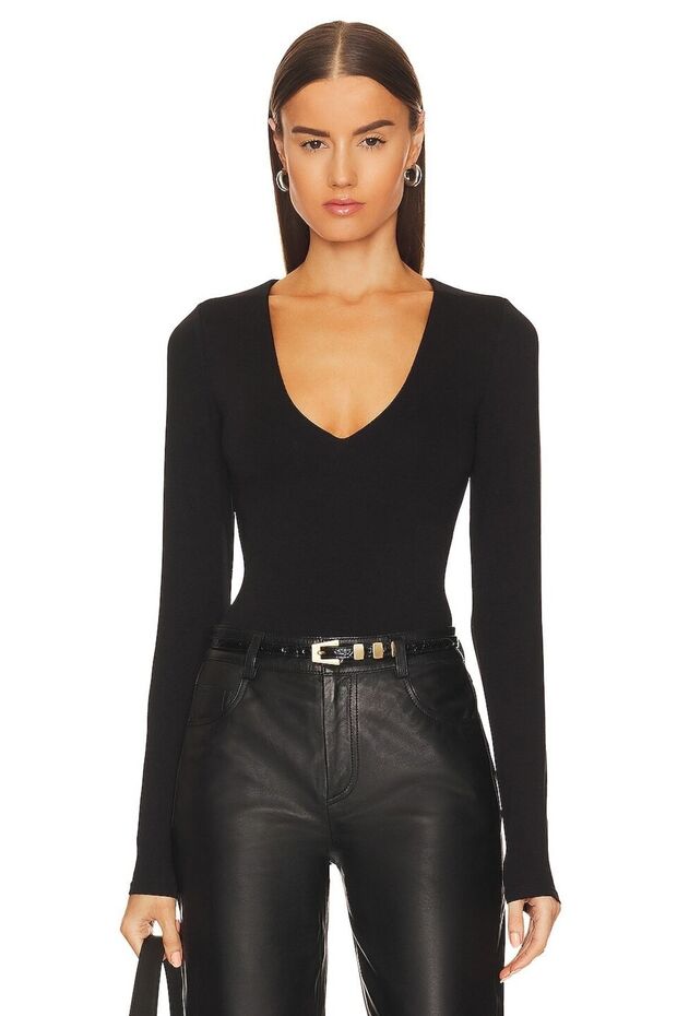 Women's Black Jersey U Neck Long Sleeve Bodysuit