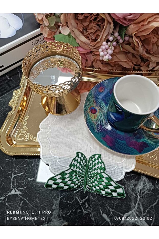 kelebek detay yeşil kokteyl peçetesi ve sunum peçetesi 1 adet - 1