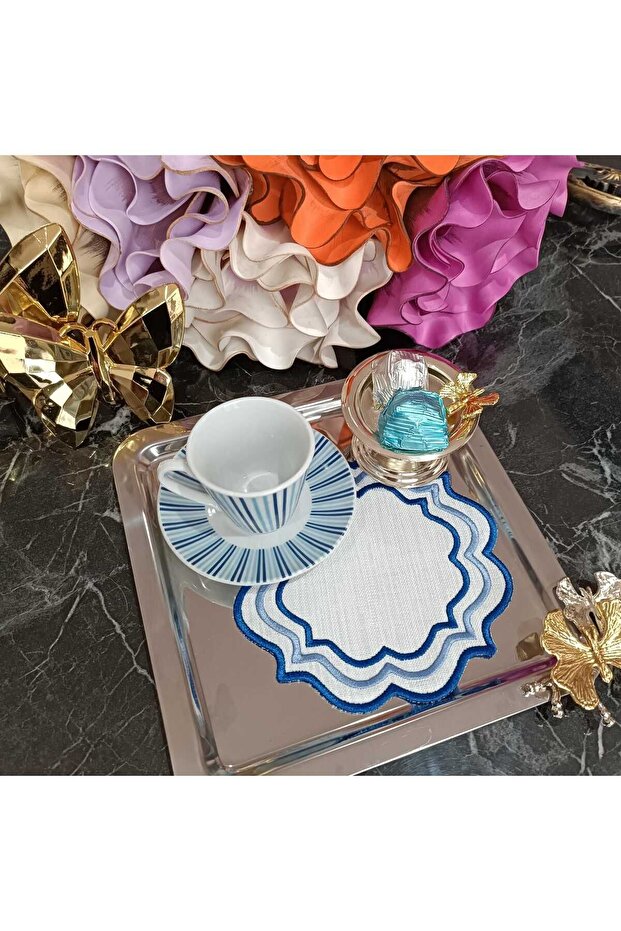 blue color detailed cocktail napkin and coffee side presentation napkin 2 pieces