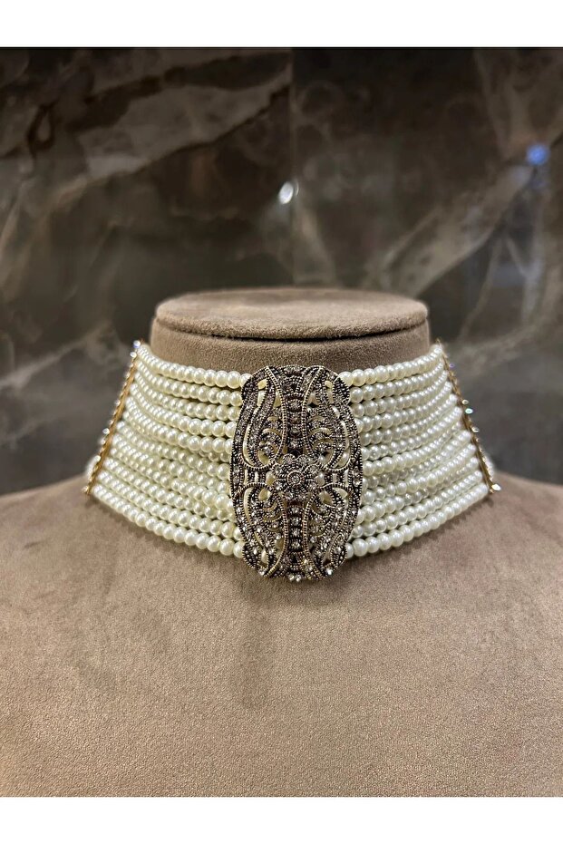 Choker 12 Row Glass Pearl Diamond Mounted Zircon Stone Antique Bronze Chocker Necklace