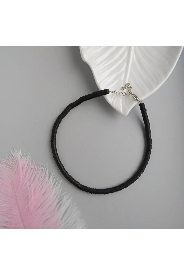 Black Color Silver Detailed Design Fimo Bead Necklace