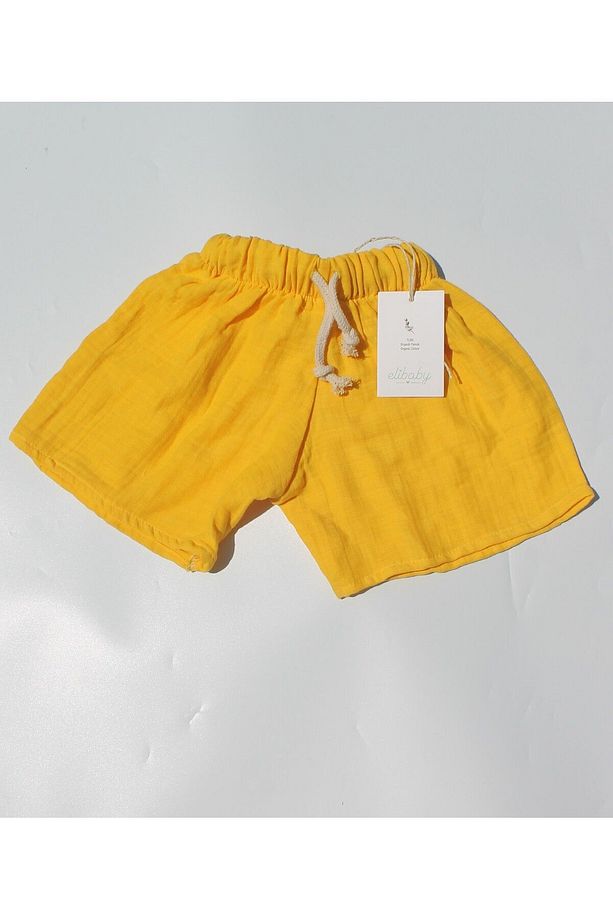 %100 Pamuk Müslin Bebek Şort Çocuk Şort Beli Lastikli Limon Sarısı - 5