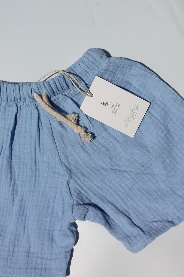 %100 Pamuk Müslin Bebek Şort Çocuk Şort Beli Lastikli Bebe Mavi - 2