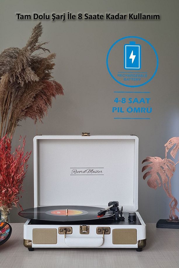 St14012 Retro Pikap Plak Çalar- Kum Beyazı - Bluetooth Ve Şarjlı - 3 Devir - Universal Iğneli - 3