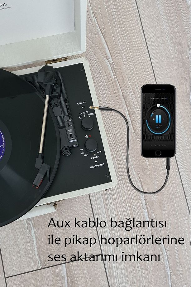 St14012 Retro Pikap Plak Çalar- Kum Beyazı - Bluetooth Ve Şarjlı - 3 Devir - Universal Iğneli - 5