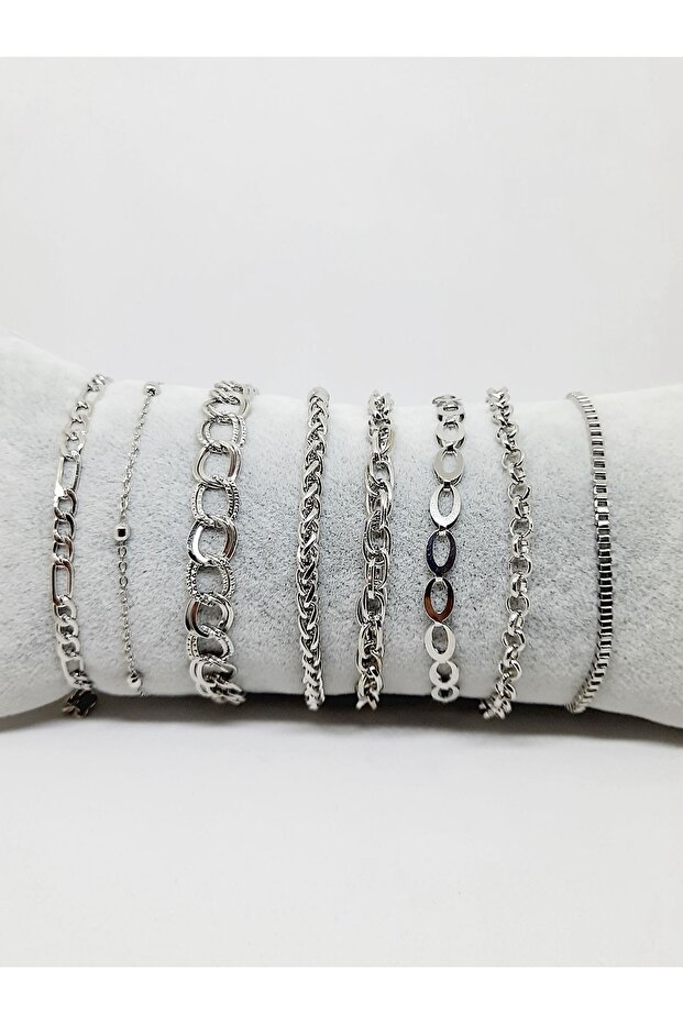 Set of 8 Silver Color Chain Bracelets