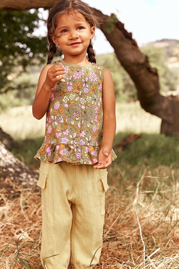 Yellow Floral Patterned Cotton Cargo Pants Set