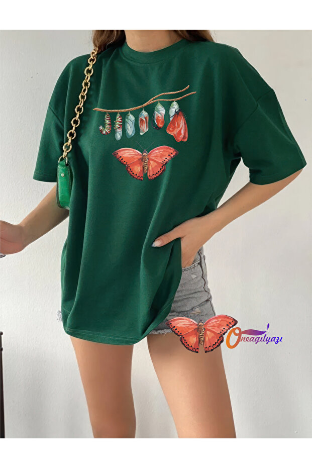 Oversize Combed Cotton T-shirt - Butterfly Formation Design Printed T-Shirt