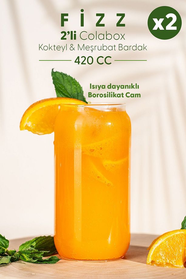 Fizz 2'li Colabox Isıya Dayanıklı Borosilikat Cam Kokteyl ve Meşrubat Bardak 420CC - 1