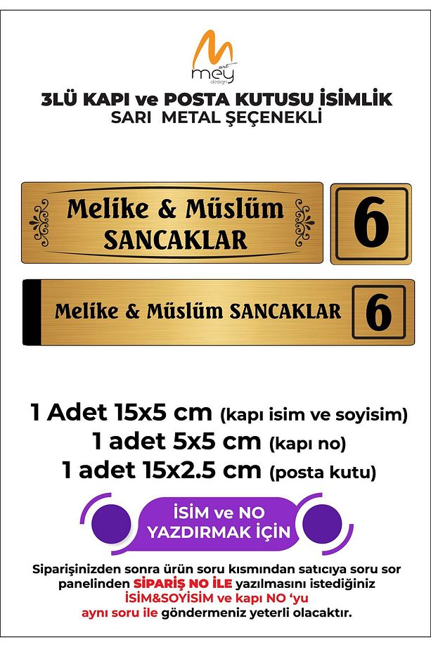 ALTIN METAL KAPI İSİMLİĞİ SETİ 3'LÜ - KAPI İSİMLİĞİ, KAPI NUMARASI, POSTA KUTUSU İSİMLİĞİ - 1