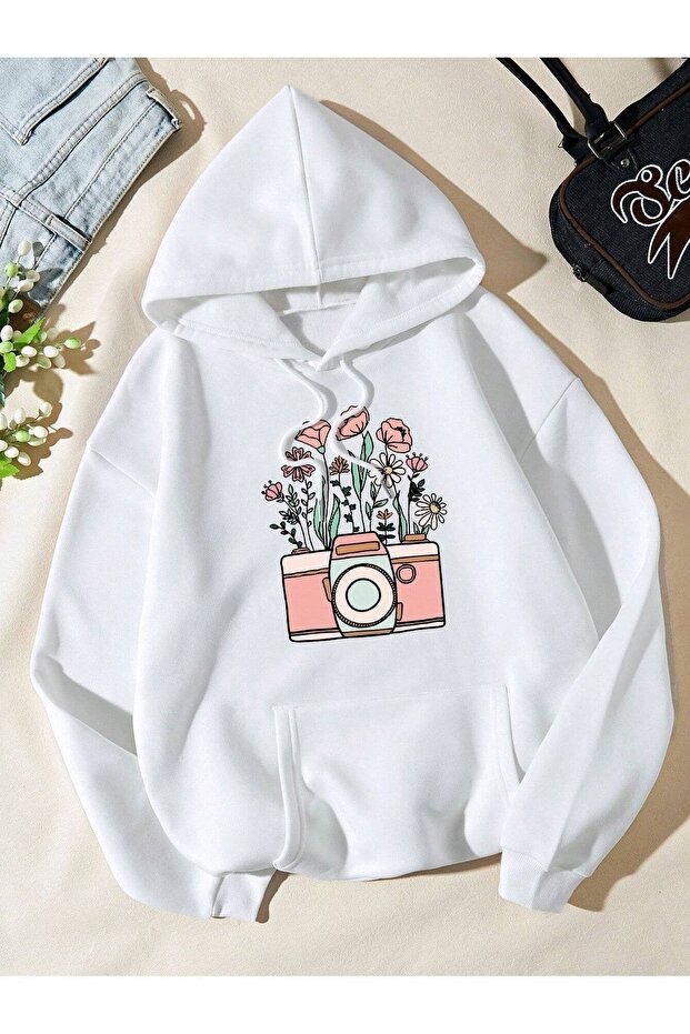 White Oversize Hooded Unisex Sweatshirt - Camera Printed