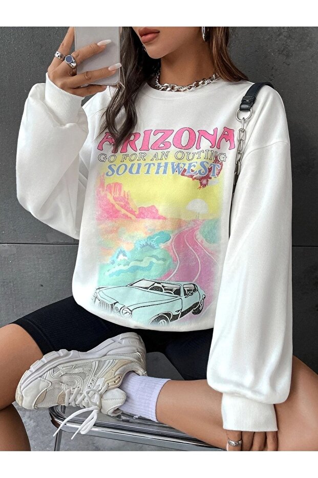 ARIZONA SOUTHWEST مطبوع - سويت شيرت أبيض كبير الحجم للجنسين برقبة دائرية