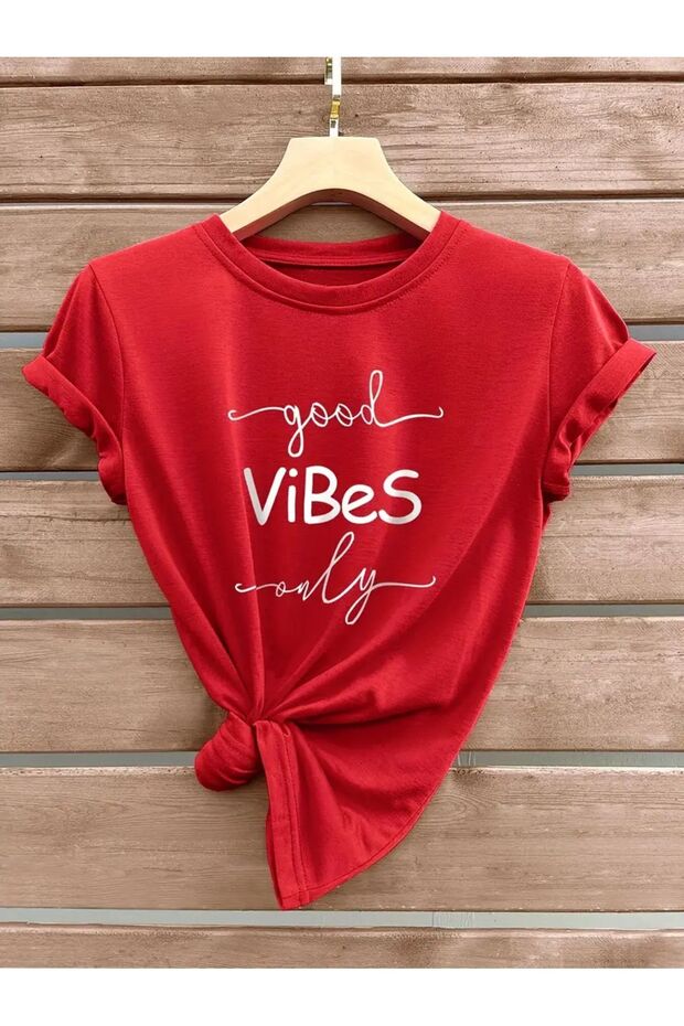 Good Vibes Printed Crewneck Cotton Regular Fit Red Women's T-Shirt