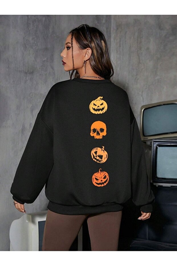 Crew Neck Unisex Black Oversize Sweatshirt - Scary Pumpkin Back Printed