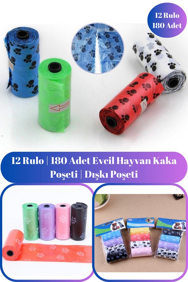 12 Rulo | 180 Adet Evcil Hayvan Kaka Poşeti | Dışkı Poşeti - 1