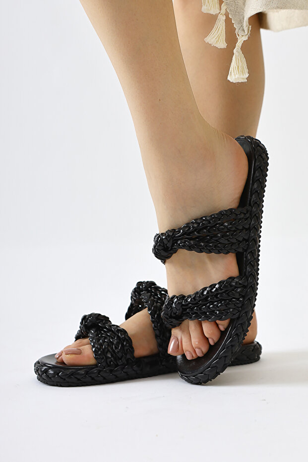 Nessa Black Patent Leather Knitted Strap Women's Slippers Opportunity Product