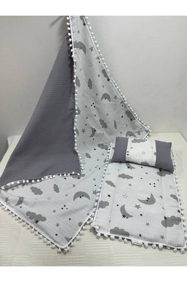 Gri , Muslin Ve Ponponlu Alt Açma , Yastık Ve Battaniye 3'lü Set - 1
