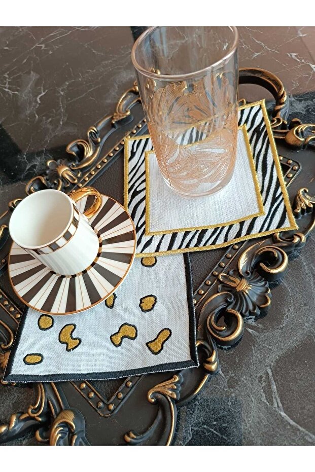 leopar ve zebra desenli gold simli kahve yanı peçete sunum peçetesi kokteyl peçete 2 adet - 3