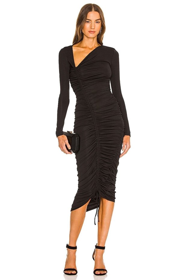 Special Collection Women's Black Gathered Double Layer Jersey Fabric Dress