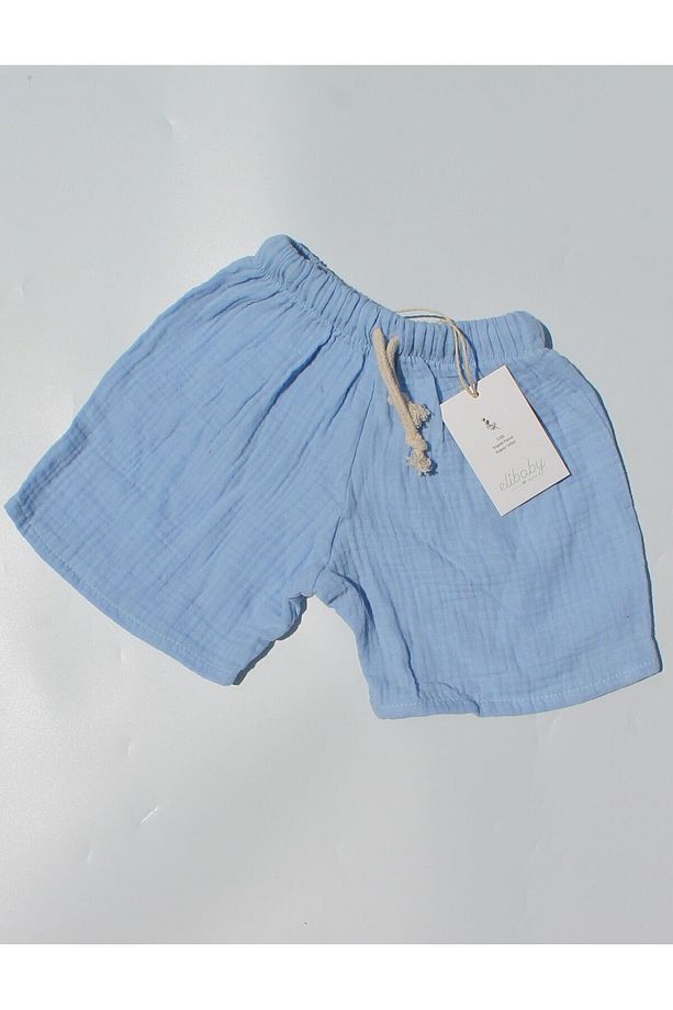 %100 Pamuk Müslin Bebek Şort Çocuk Şort Beli Lastikli Bebe Mavi - 1