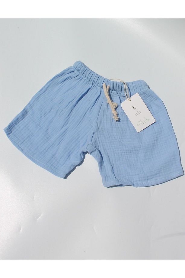 %100 Pamuk Müslin Bebek Şort Çocuk Şort Beli Lastikli Bebe Mavi - 4