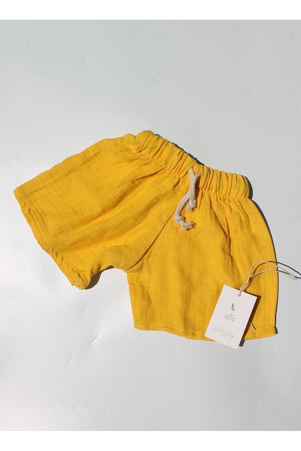 %100 Pamuk Müslin Bebek Şort Çocuk Şort Beli Lastikli Limon Sarısı - 1